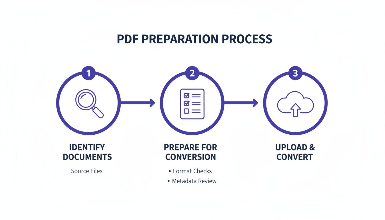 An infographic detailing the three-step PDF preparation process: identify, prepare for conversion, and upload & convert.