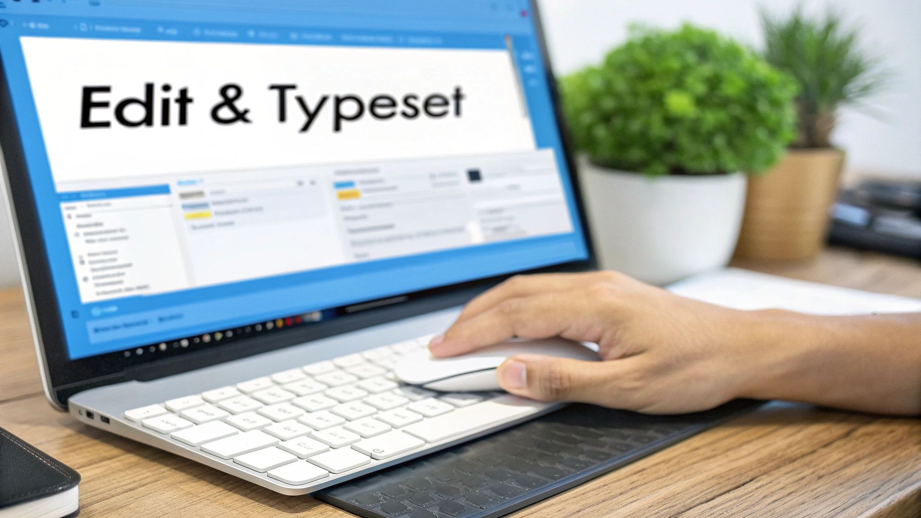 Person using a white mouse next to a laptop displaying 'Edit & Typeset' on screen in an office.