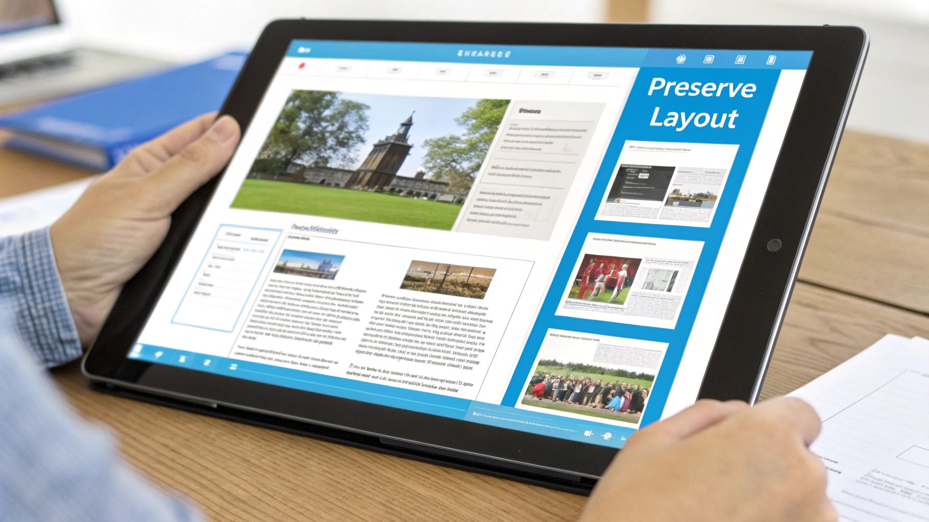 Uma pessoa segura um tablet exibindo um documento digital com múltiplas colunas, imagens e texto 'Preservar Layout'.