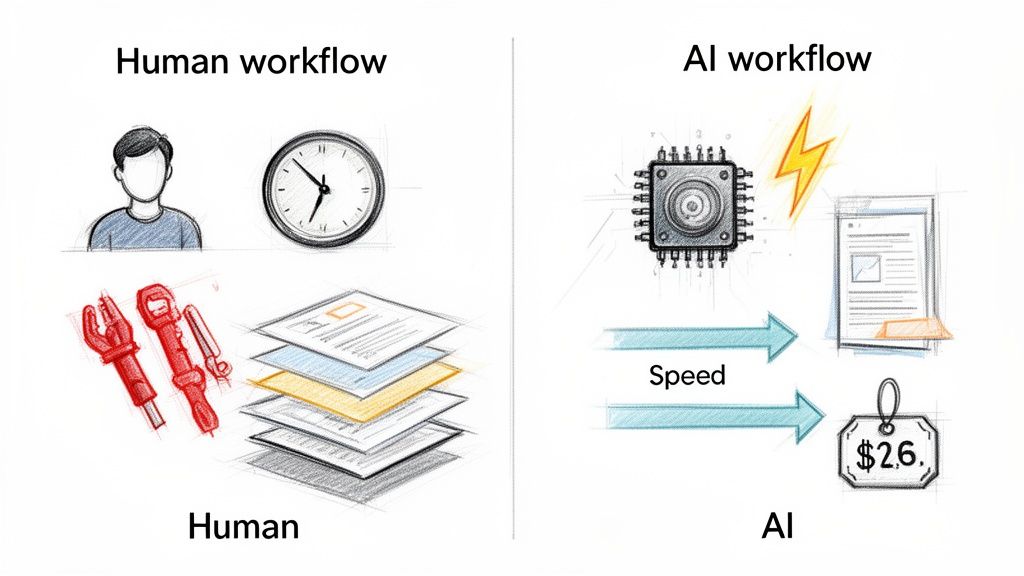 Diagram comparing human workflow (manual, time-consuming) with AI workflow (fast, automated, cost-efficient).