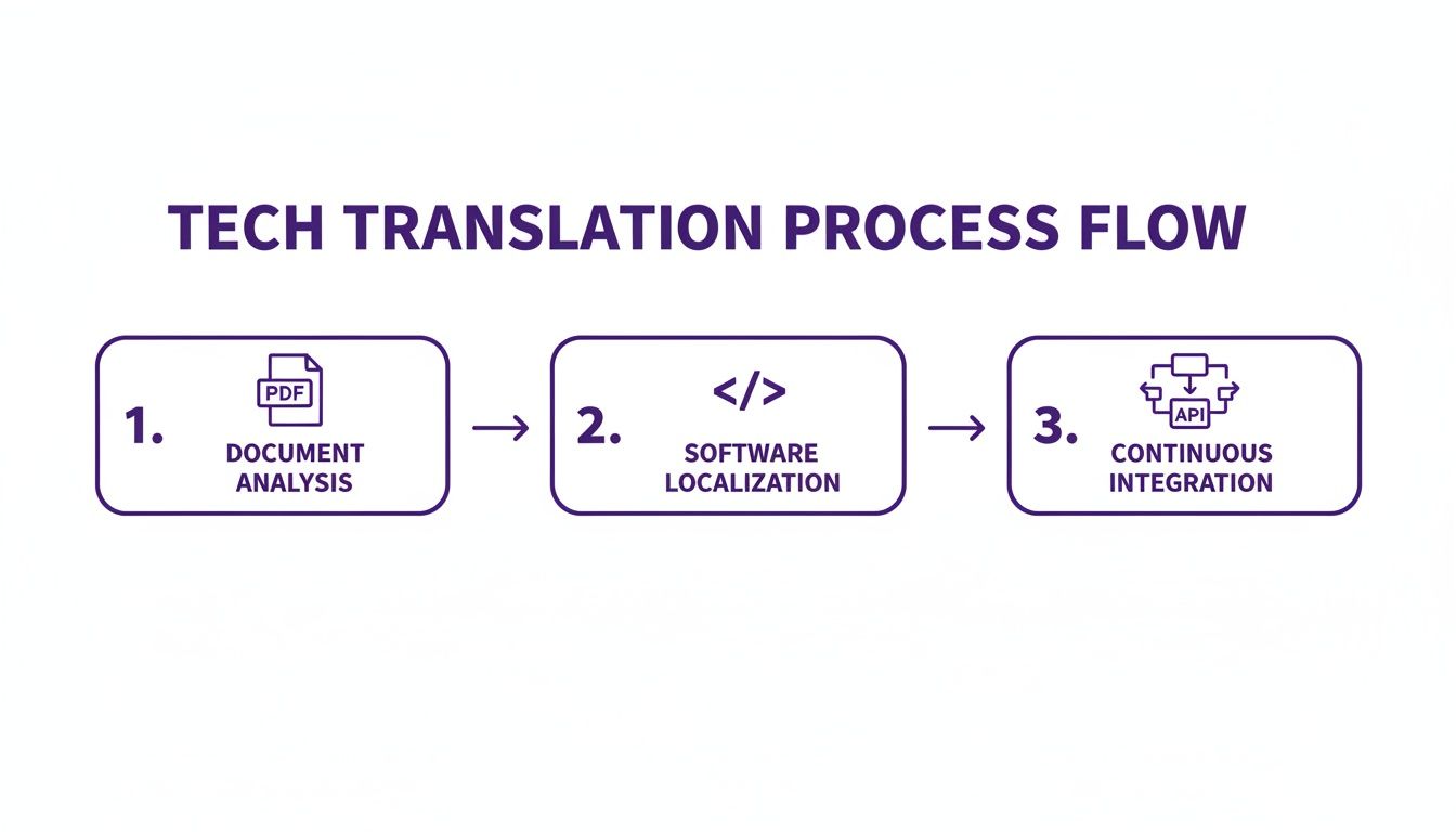 A flowchart outlining the tech translation process: document analysis, software localization, and continuous integration.
