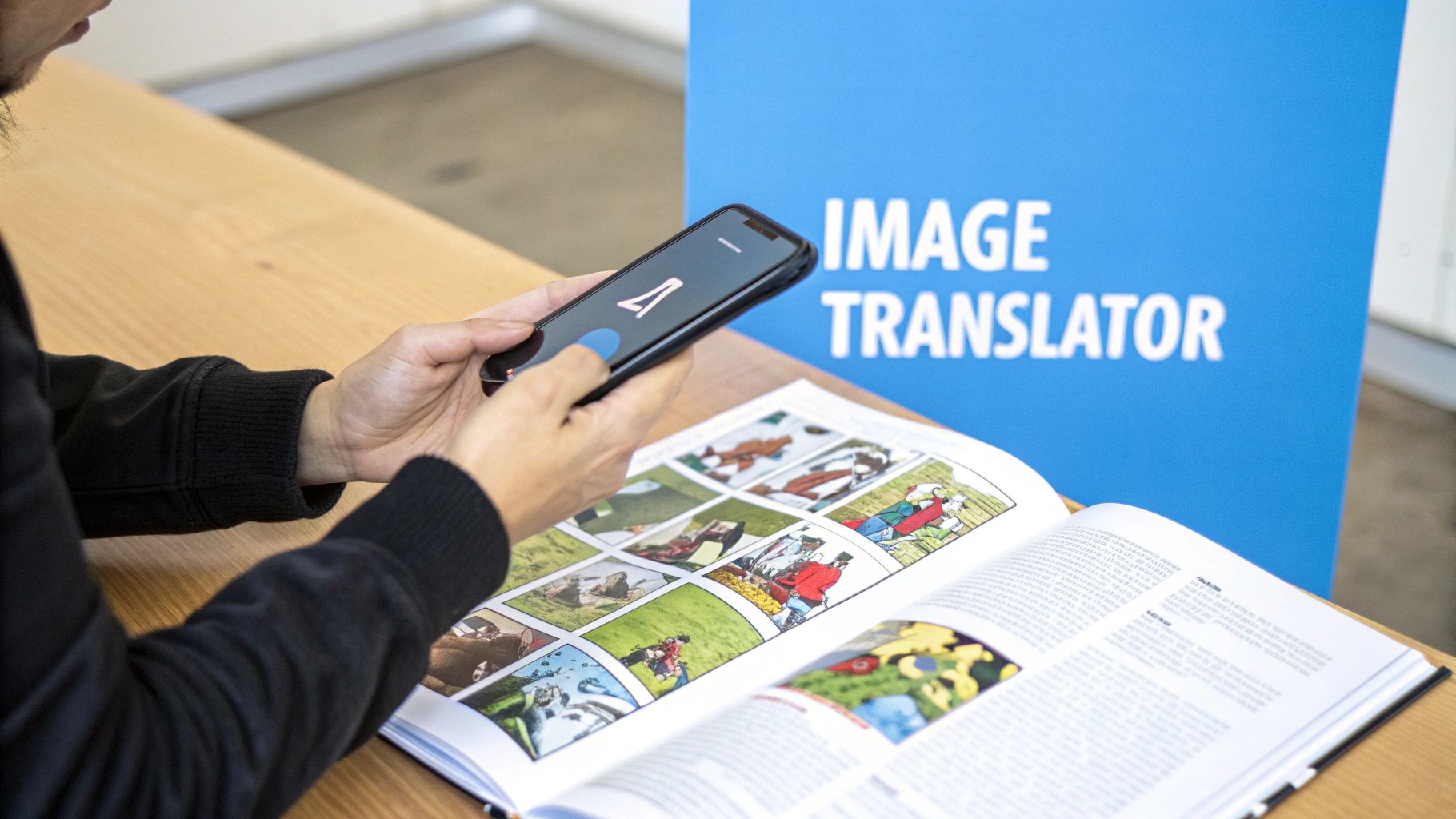 Uma pessoa usa um smartphone com um ícone "A" para traduzir texto de um livro de mangá aberto.