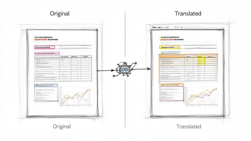 An original document and its translated version side-by-side, depicting text, tables, and graphs.