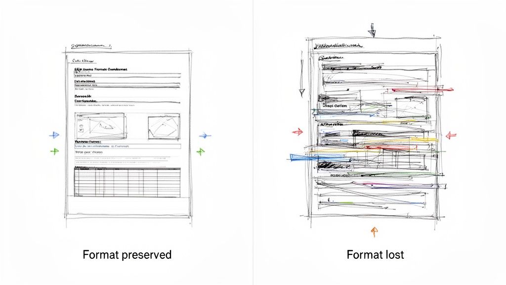 Due bozzetti di documenti illustrano 'Formato preservato' con frecce orizzontali e 'Formato perso' con frecce verticali e orizzontali.