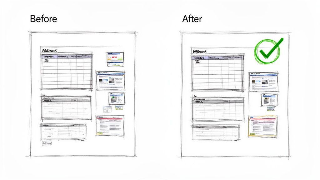 Sketched comparison of web page layouts, 'Before' and 'After' with a green checkmark.