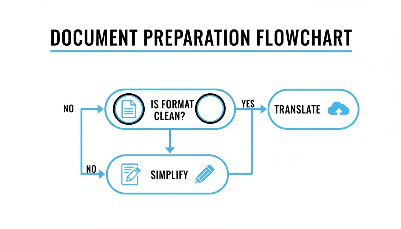Блок-схема, иллюстрирующая процесс подготовки документа, включая проверку формата, упрощение и перевод.