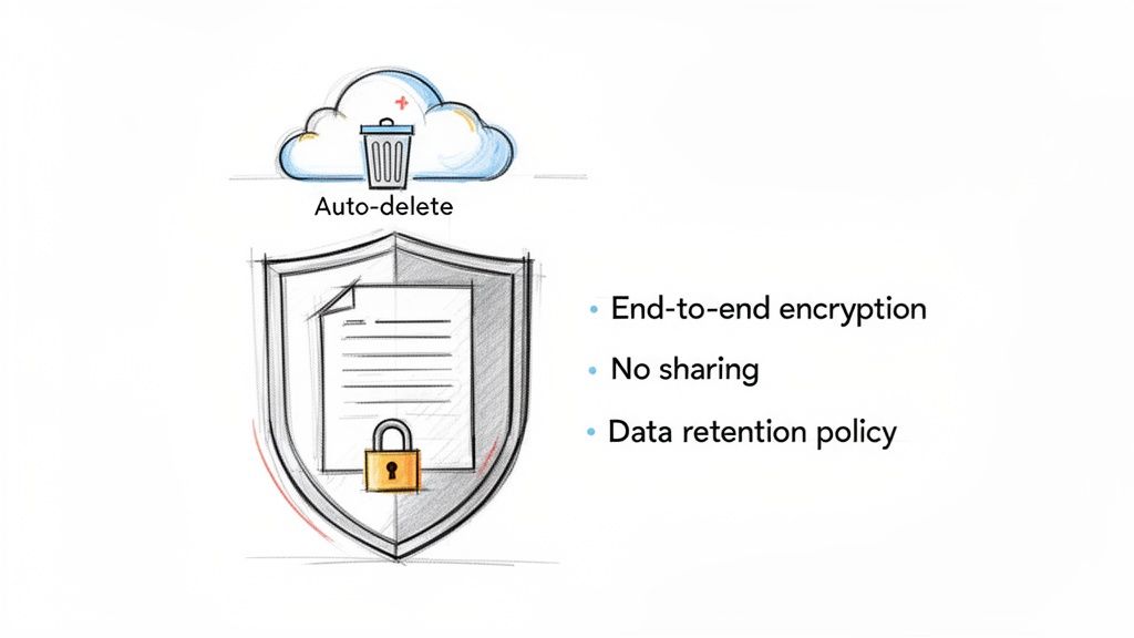 Una ilustración que muestra la eliminación automática, el cifrado de extremo a extremo, la no-compartición y una política de retención de datos para documentos seguros.