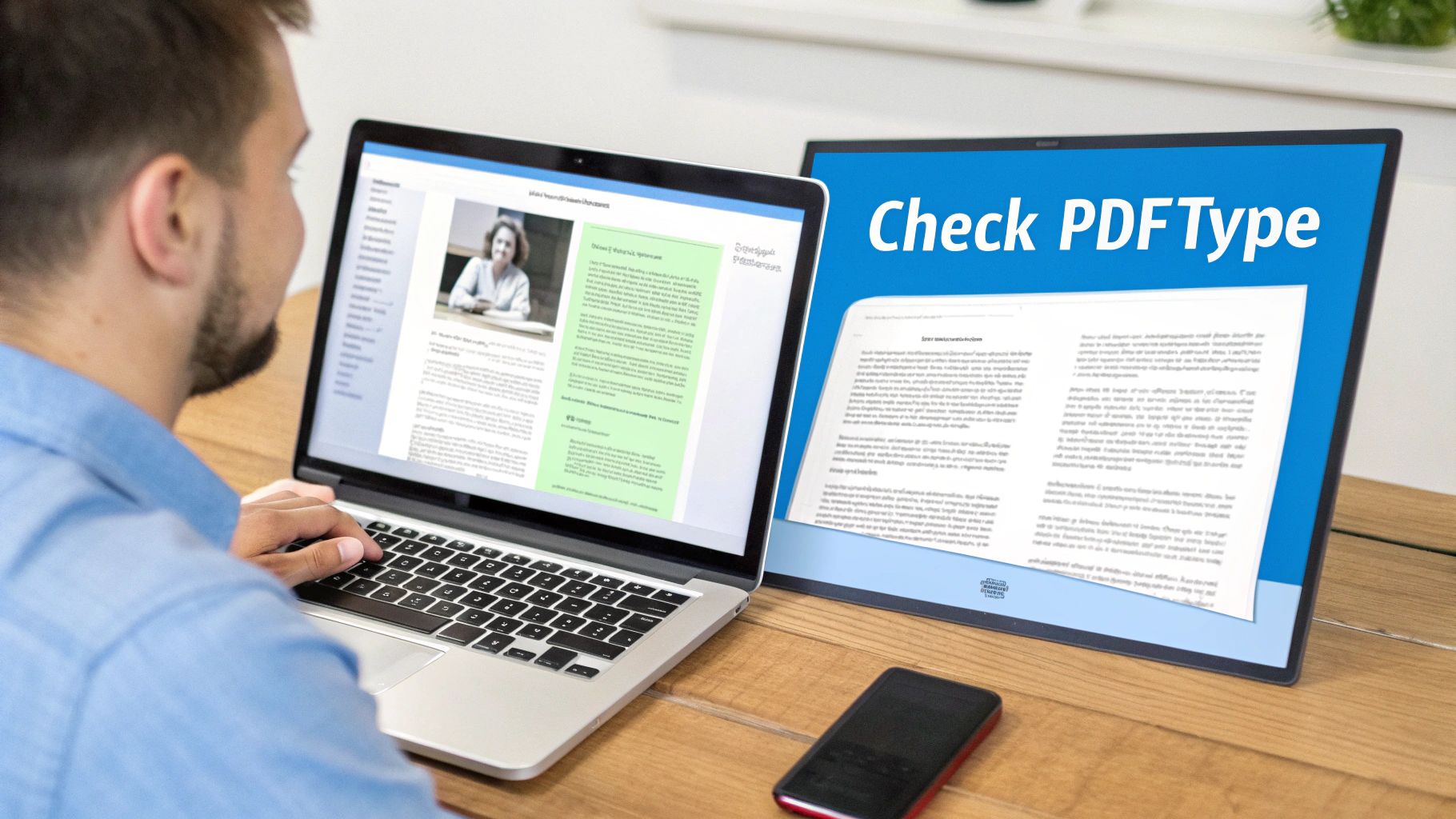 Mężczyzna pracuje na laptopie z zewnętrznym monitorem wyświetlającym "Check PDFType" i dokument.