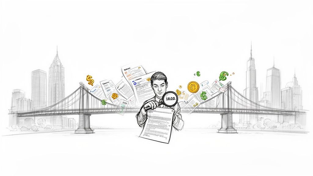 확대경, 돈 기호, 도시 다리 앞에서 금융 문서를 검토하는 남자의 스케치.