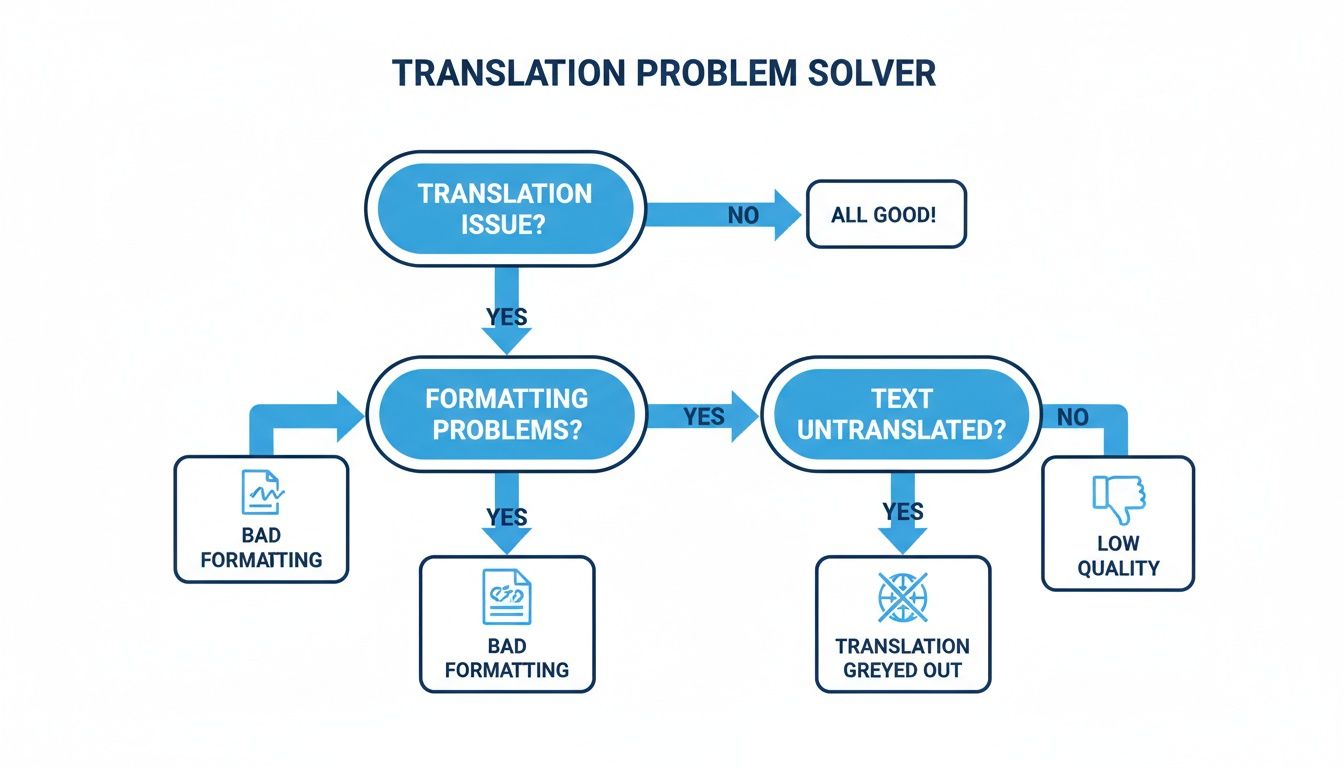 A flowchart titled 'Translation Problem Solver' guides users through diagnosing and resolving translation issues like formatting, untranslated text, and low quality.