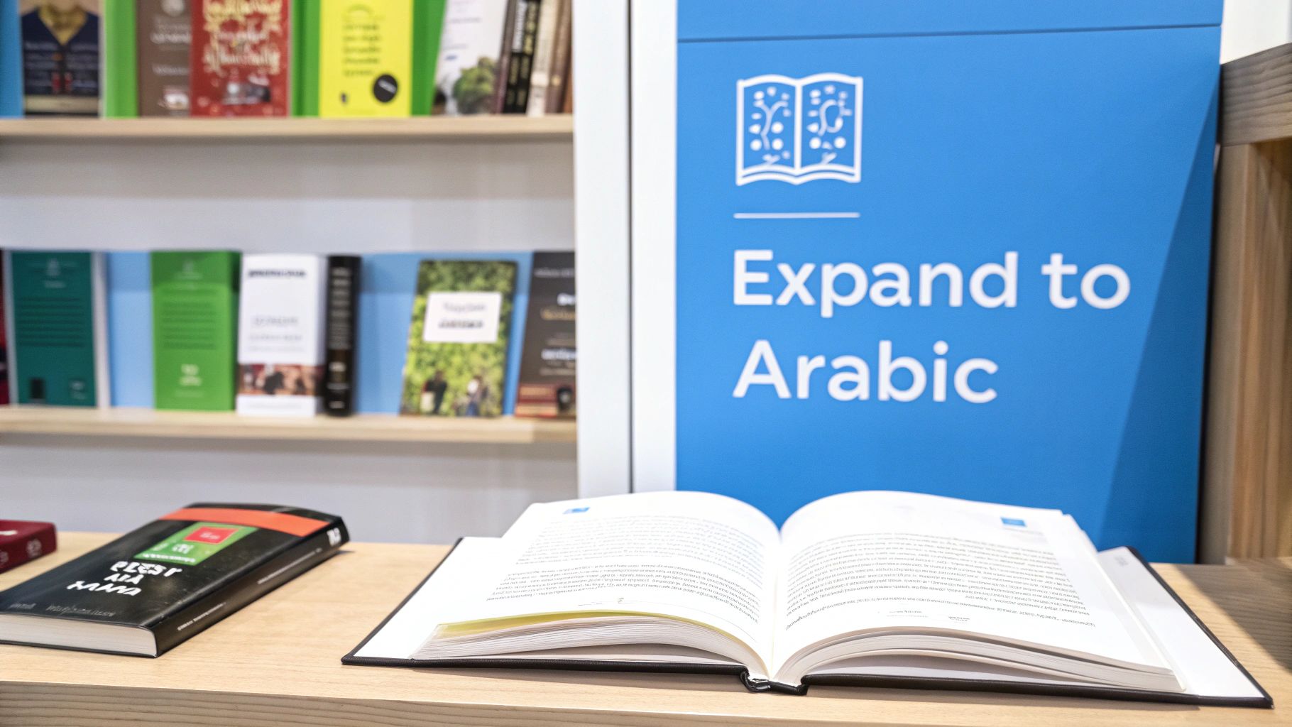 Otwarta książka na drewnianym stole z niebieskim znakiem czytającym 'Expand to Arabic' i półką na książki.