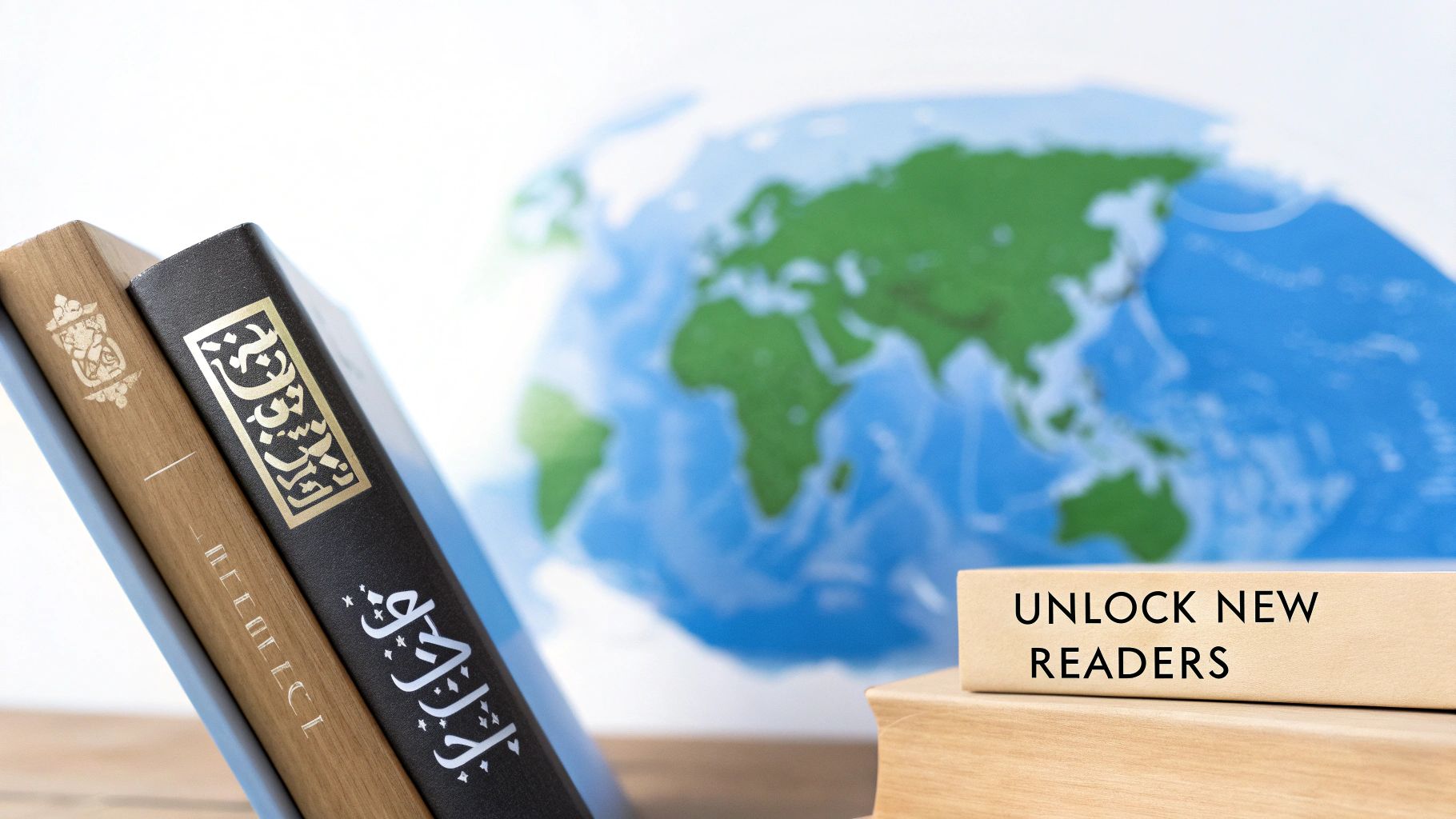 Books with Arabic script and 'UNLOCK NEW READERS' on a table, with a blurred globe in background.
