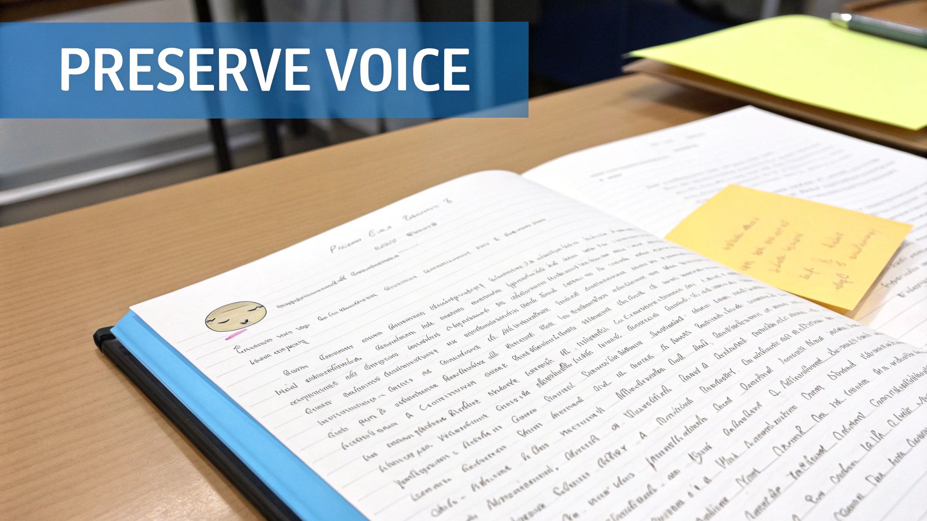 En öppen anteckningsbok på ett trä skrivbord med handskrivna anteckningar, en gul klisterlapp och en blå banderoll som läser 'PRESERVE VOICE'.