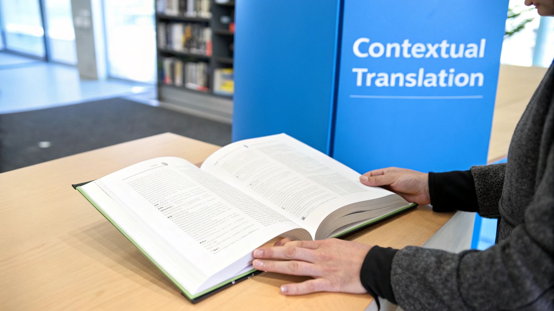 Eine Person liest ein aufgeschlagenes Buch an einem Holztisch mit einem Schild „Kontextuelle Übersetzung
