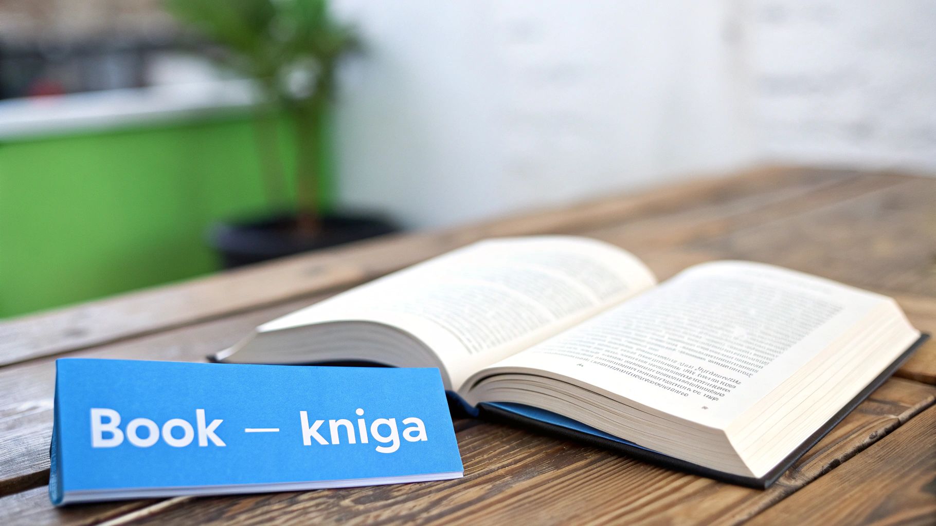 Открытая книга на деревянном столе с синей табличкой, на которой написано «Book - kniga» для изучения языка.