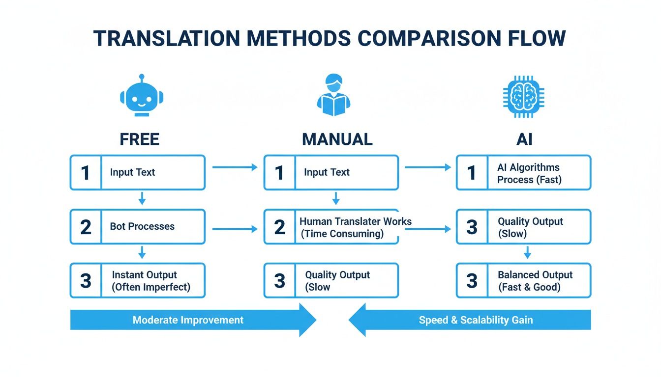 مخطط انسيابي يقارن الطرق المجانية واليدوية والذكاء الاصطناعي للترجمة، مع تسليط الضوء على عملياتها والسرعة والجودة.