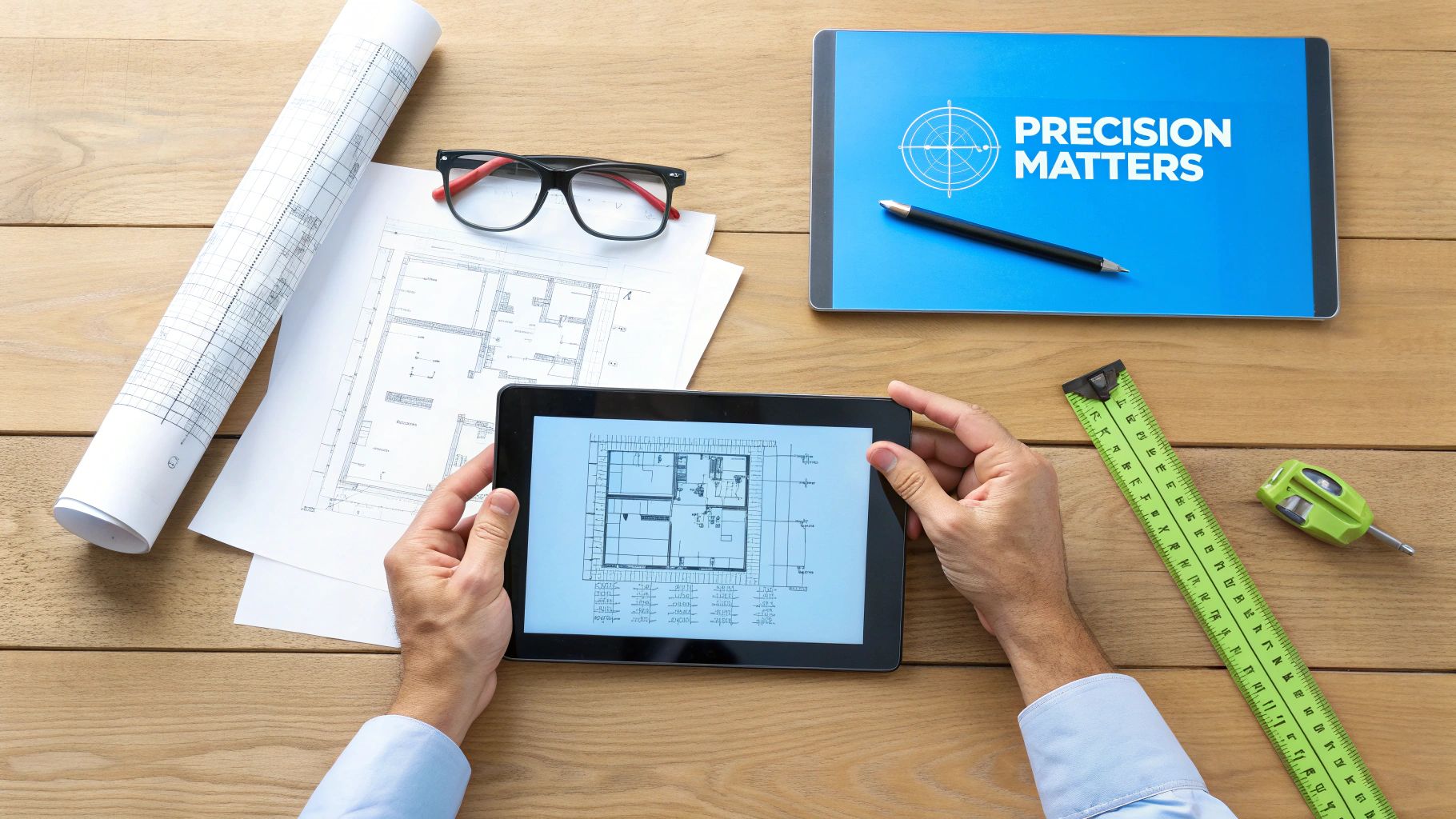 Top-down view of an architect working with blueprints and digital plans on tablets, emphasizing precision.