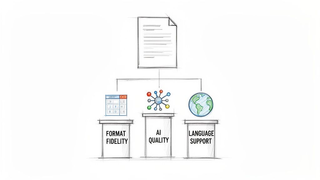 Diagrama que muestra un documento procesado para su traducción, enfatizando la fidelidad del formato, la calidad de la IA y el soporte de idiomas.