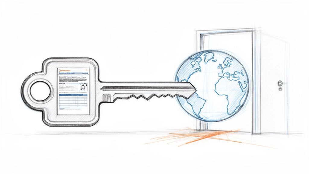 Pencil sketch of a key with a document inside, unlocking a globe and an open door.