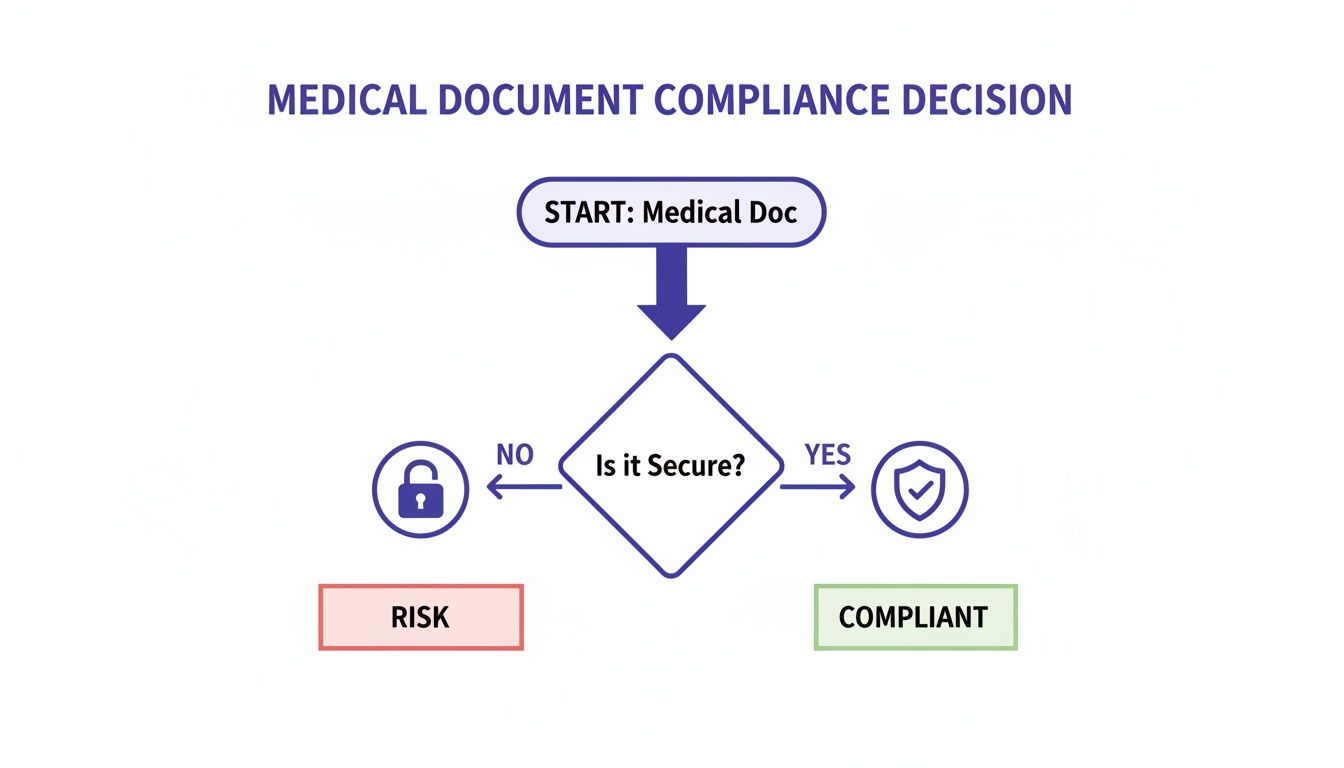 Flowchart showing medical document compliance decision based on security, leading to risk or compliant outcomes.