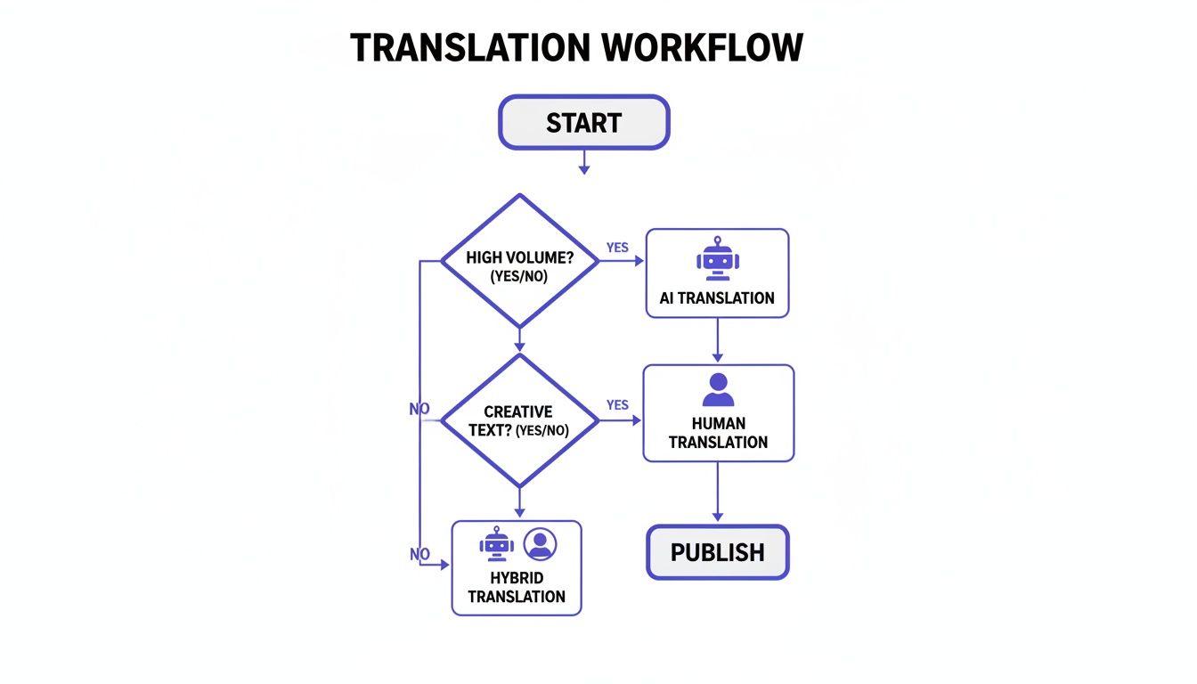 Flowchart illustrating a translation workflow from start, through AI, human, or hybrid translation, to publish.