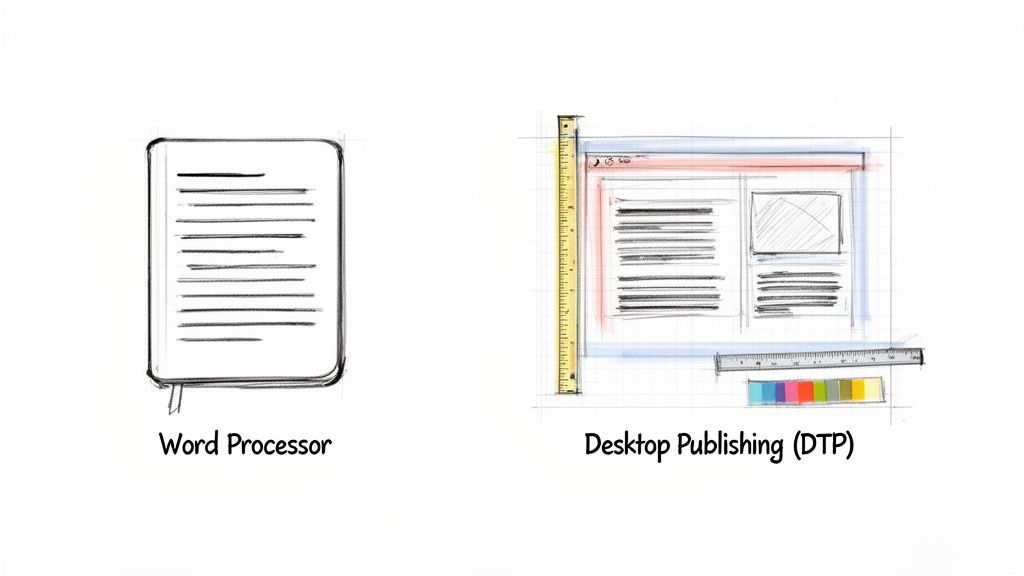 رسومات مقارنة بين معالجة النصوص الأساسية والنشر المكتبي المتقدم (DTP) لتصميم المستندات.