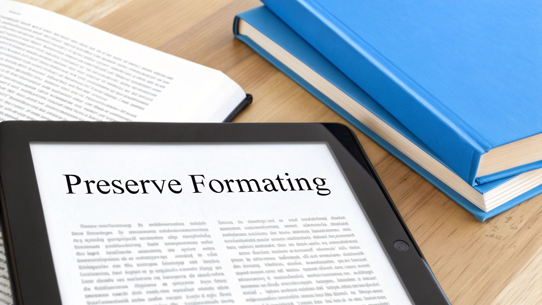 Tablet wyświetlający tekst 'Zachowanie formatowania', otwartą książkę i dwie niebieskie książki na drewnianym biurku.