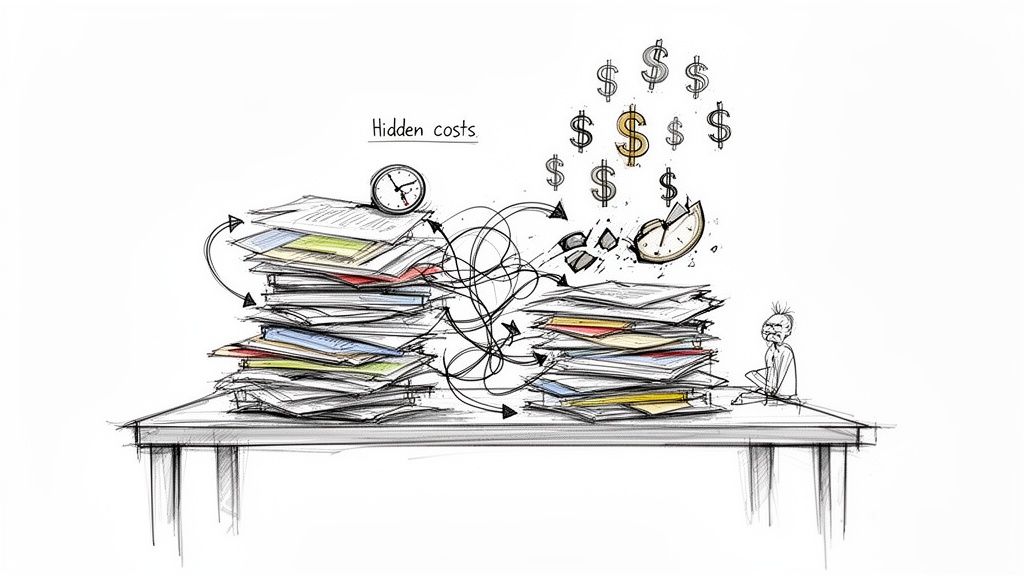 Ilustração de custos ocultos: pilhas de papel, linhas emaranhadas, relógios, cifrões e uma pessoa sobrecarregada.