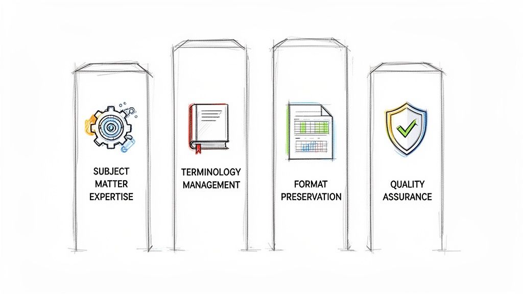 Fyra pelare som illustrerar affärstjänster: ämnesexpertis, terminologihantering, formatbevarande och kvalitetssäkring.