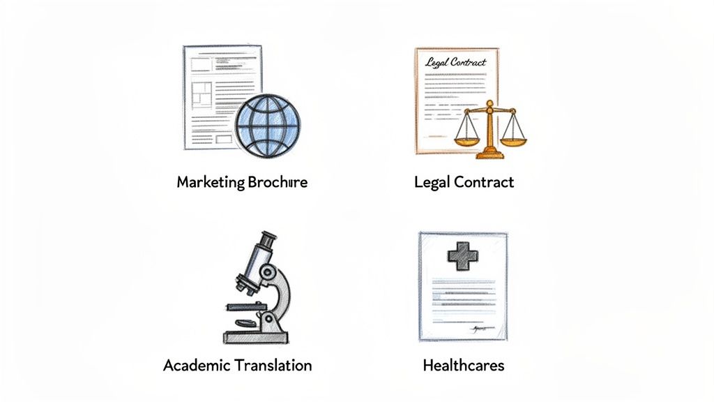 Icons representing marketing brochures, legal contracts, academic translations, and healthcare documents.