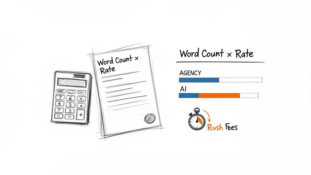 A sketch illustrating translation cost calculation, comparing agency vs. AI costs, and including rush fees.