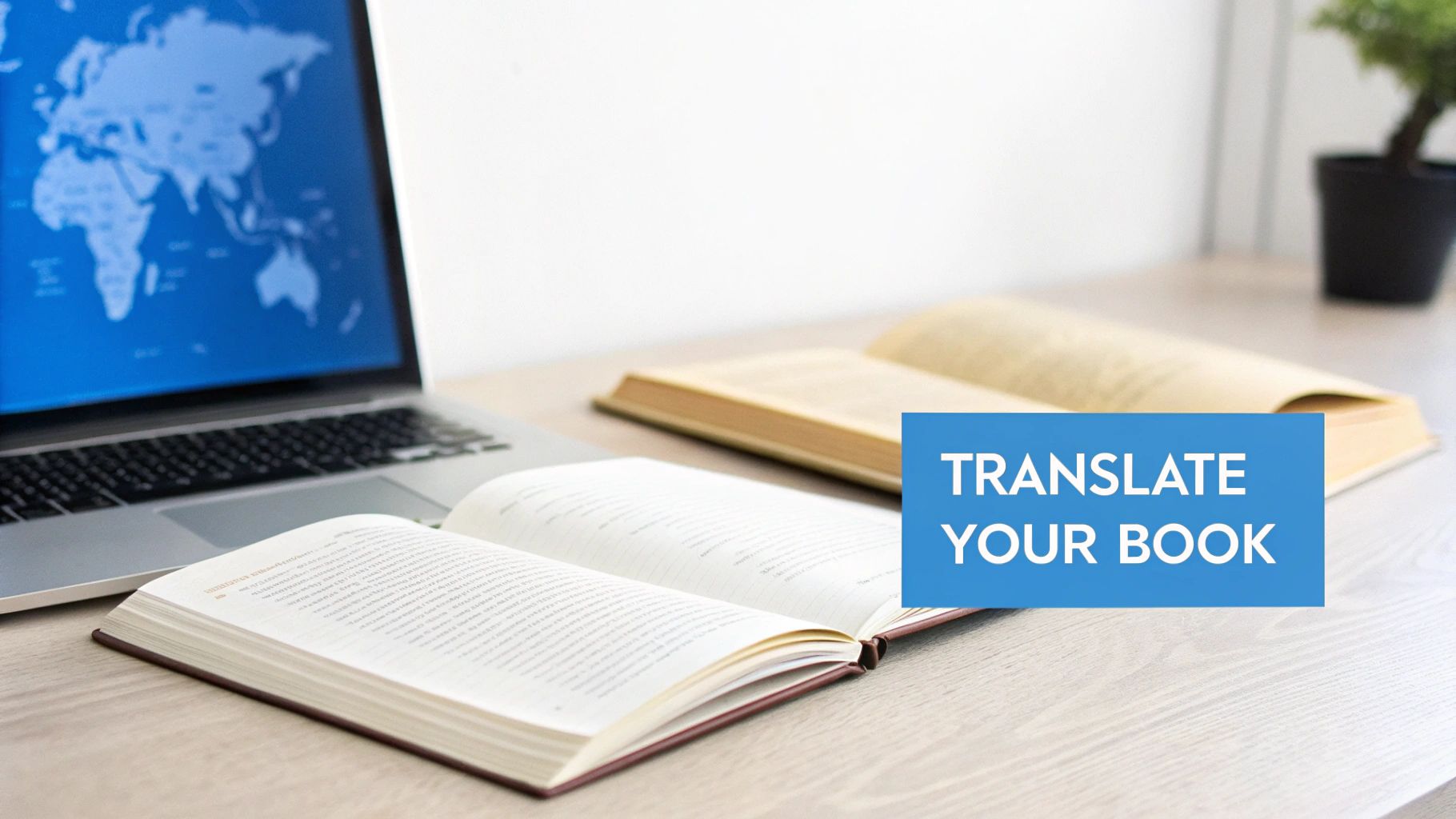 Ein Schreibtisch mit einem Laptop, auf dem eine Weltkarte angezeigt wird, zwei offene Bücher und eine Nachricht „ÜBERSETZEN SIE IHR BUCH