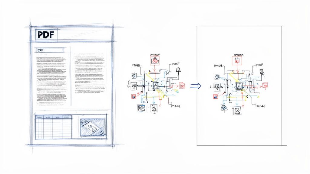 A blueprint sketch of a PDF document and a complex diagram illustrating its internal structure and components.