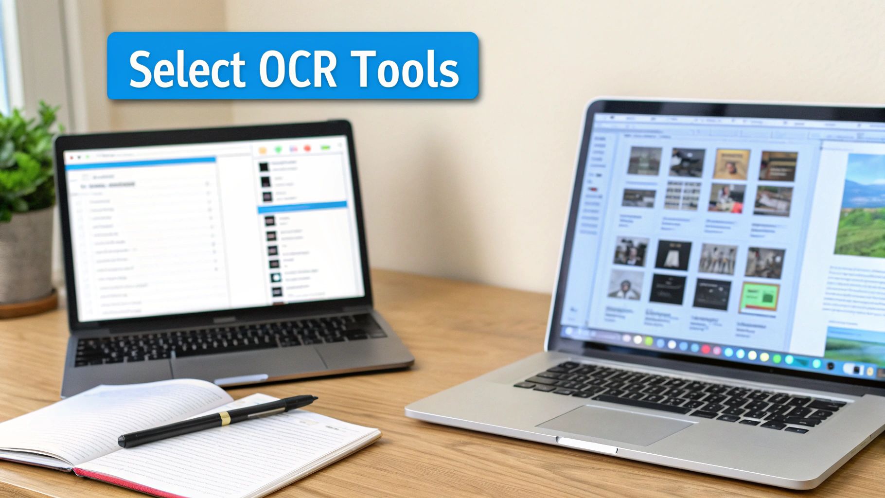 두 대의 노트북, 노트북 및 펜이 있는 나무 책상 위의 'OCR 도구 선택' 배너.