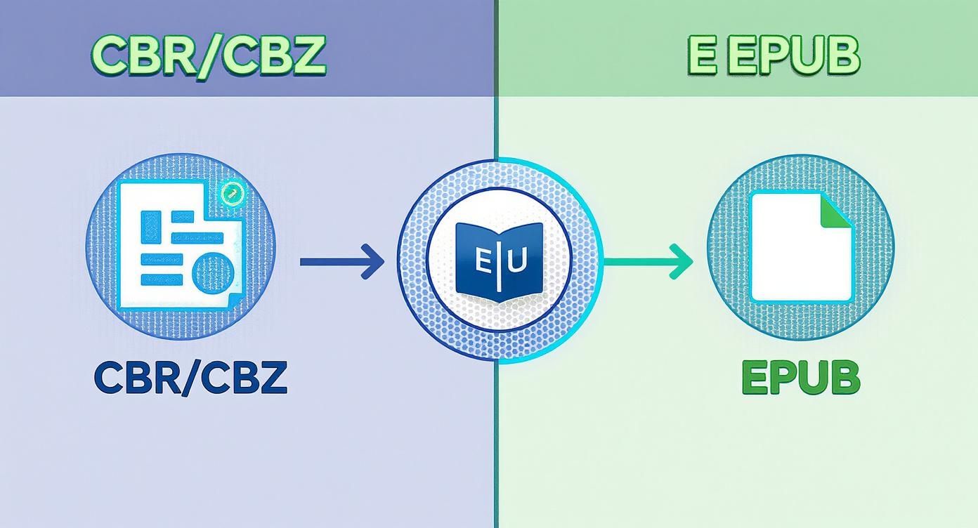 CBR/CBZ 만화책 파일에서 EPUB 전자책 형식으로의 변환 프로세스를 보여주는 다이어그램입니다.