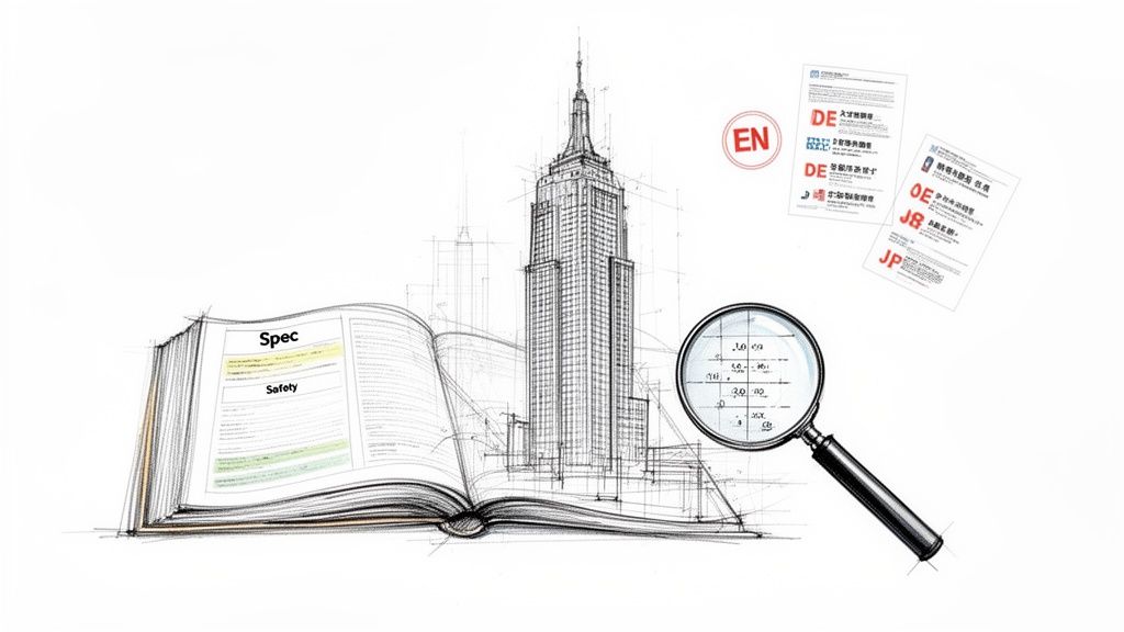 Architectural blueprint with building sketch, open specification book, magnifying glass, and multilingual technical documents.