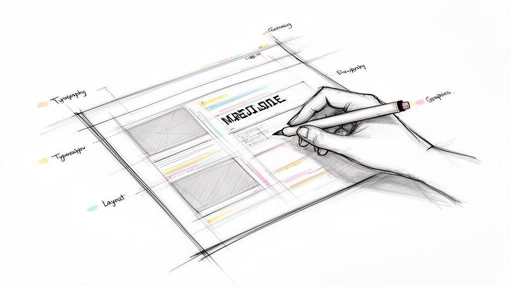 Une main esquisse la mise en page d'un site web, illustrant la typographie, la mise en page et les éléments graphiques.