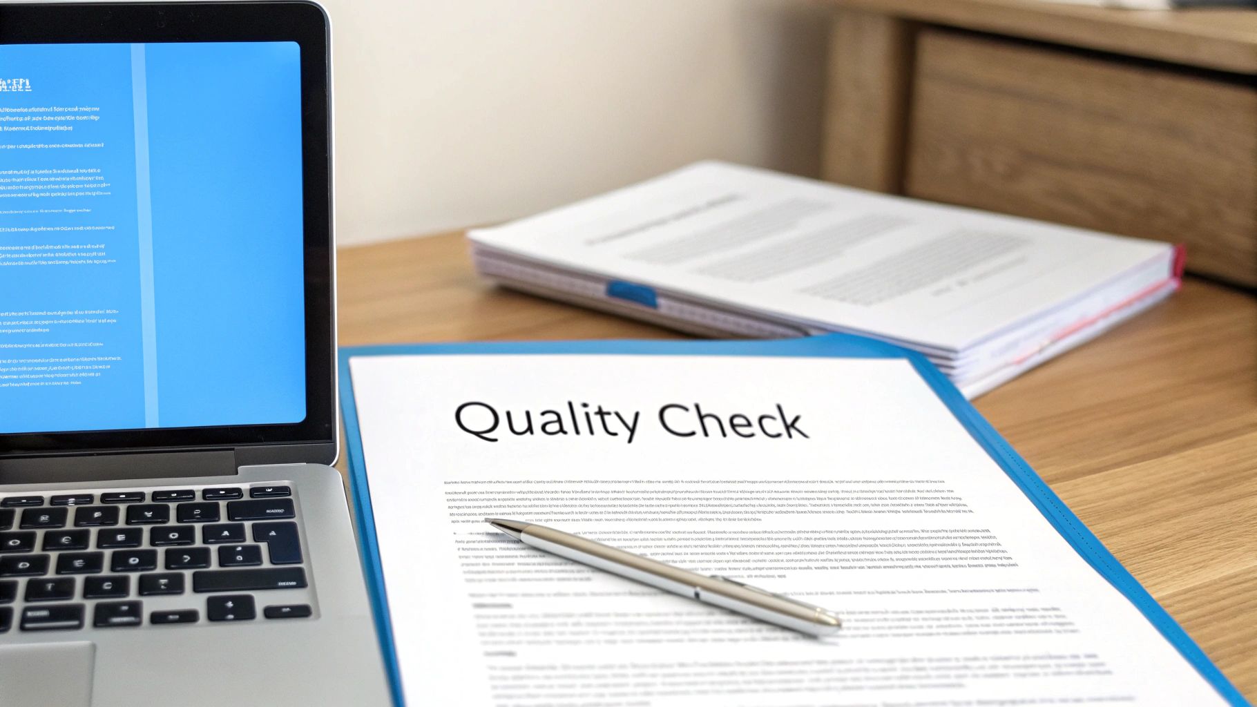 A laptop, a 'Quality Check' document with a pen, and stacked papers on a wooden desk.