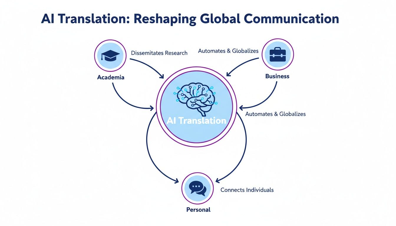 Diagram showing AI Translation's role in reshaping global communication across academia, business, and personal use.