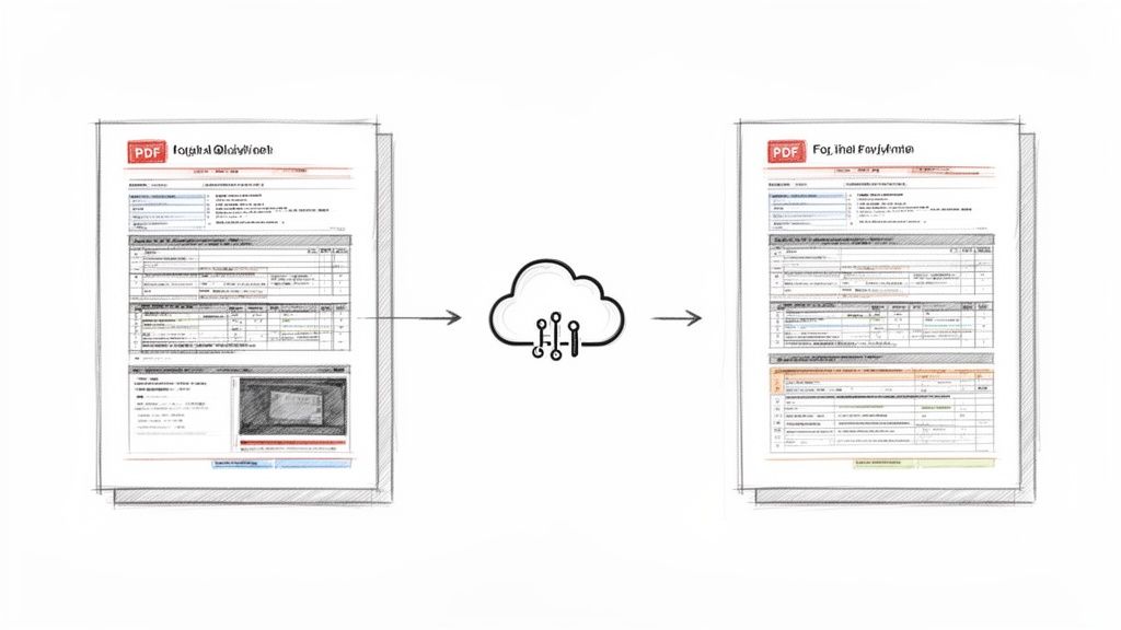 A workflow diagram illustrates a PDF document translated from original to final via a cloud platform.