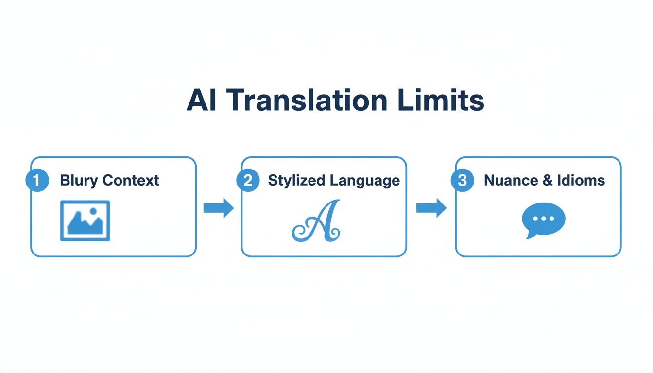 Diagrama ilustra limites de tradução de IA, incluindo contexto embaçado, linguagem estilizada, e lidar com nuance e idiomatismos.