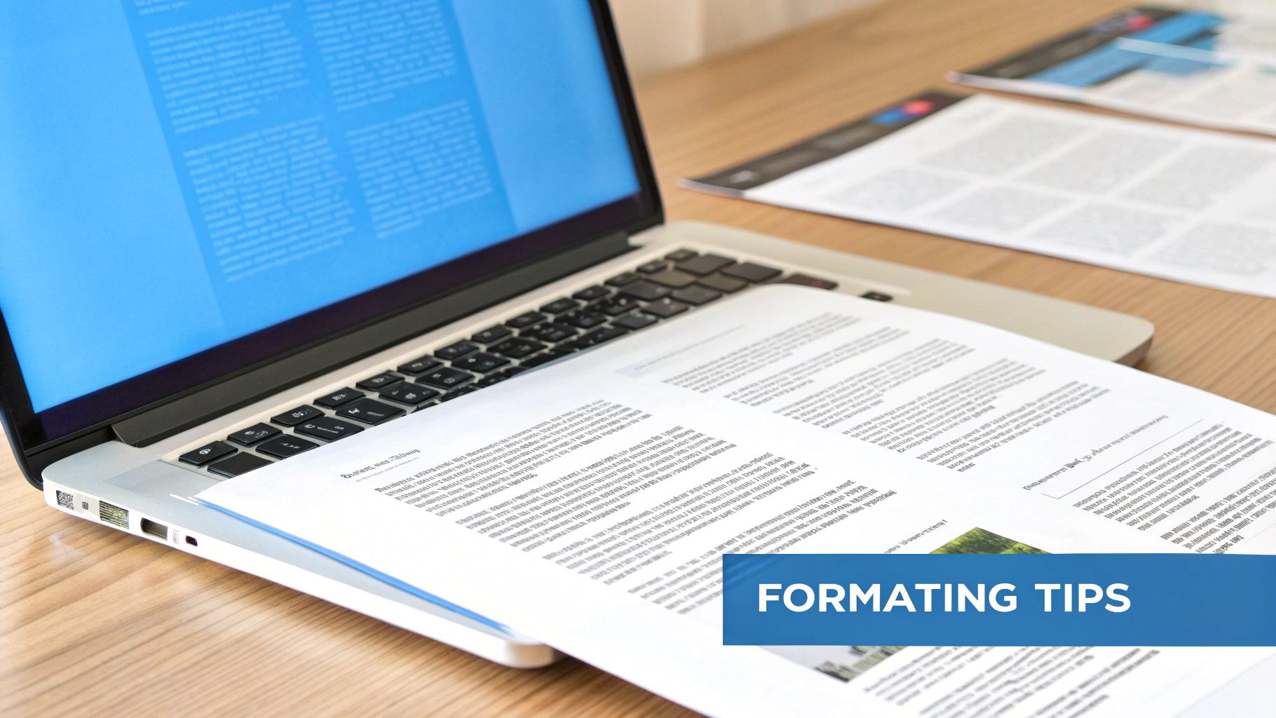 Documents with text laid over a laptop keyboard on a wooden desk with a 'FORMATTING TIPS' banner.