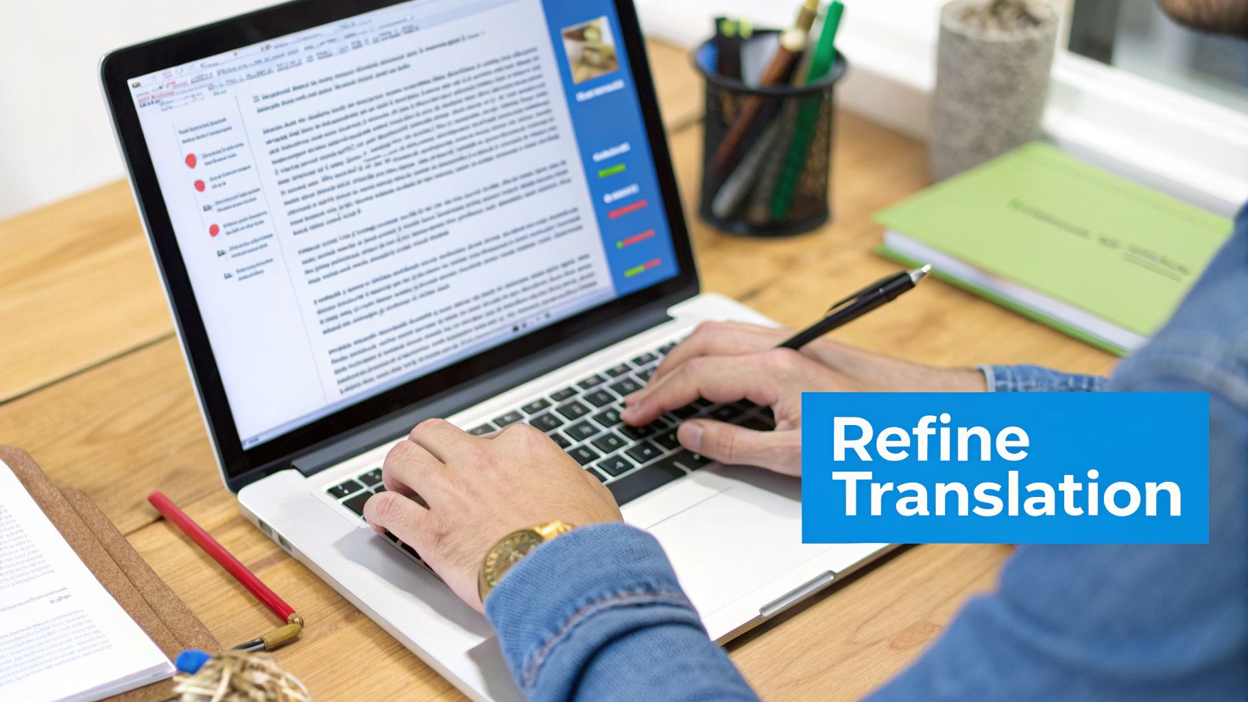 Closeup de mãos digitando em um laptop, refinando tradução de texto, com um banner 'Refine Translation'.