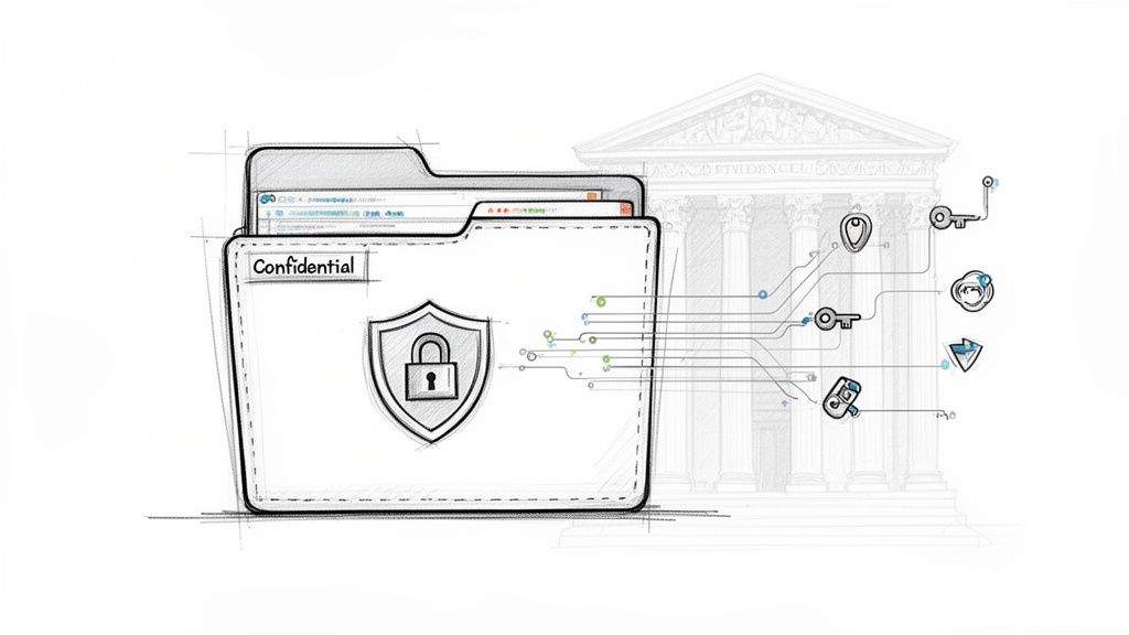 A confidential document folder with a security lock shield, connected to keys and digital icons, against a courthouse background.