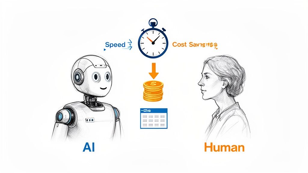 روبوت ذكاء اصطناعي وبشري، مع ساعة توقيت تشير إلى السرعة وتوفير التكاليف.