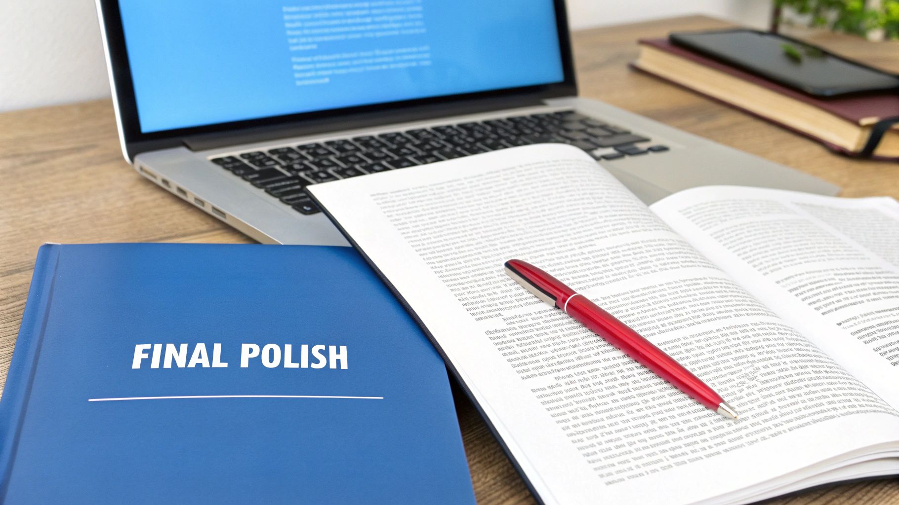 Espaço de trabalho acadêmico com um livro aberto, caneta vermelha, laptop e uma pasta azul para 'FINAL POLISH'.