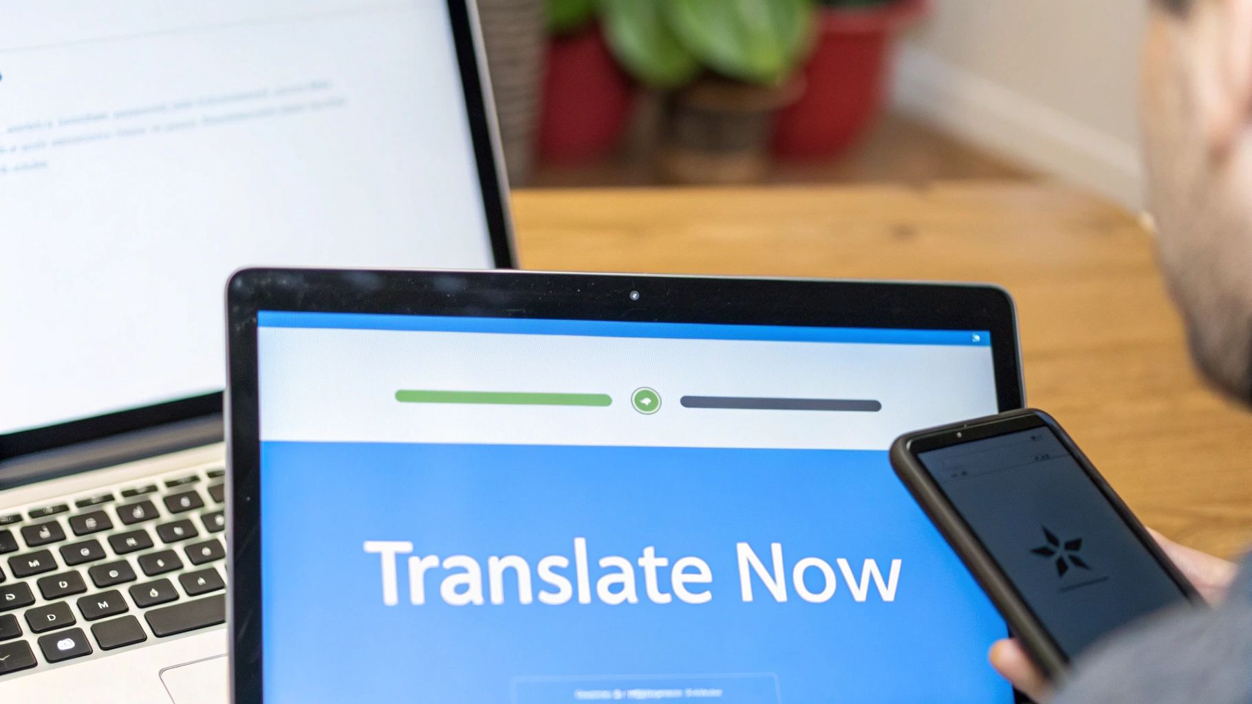 Человек использует ноутбук с отображением «Translate Now», держа смартфон, с другим ноутбуком поблизости.