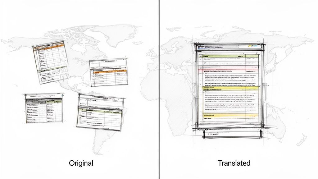 Multiple small documents on a world map transform into one large translated document for global clarity.
