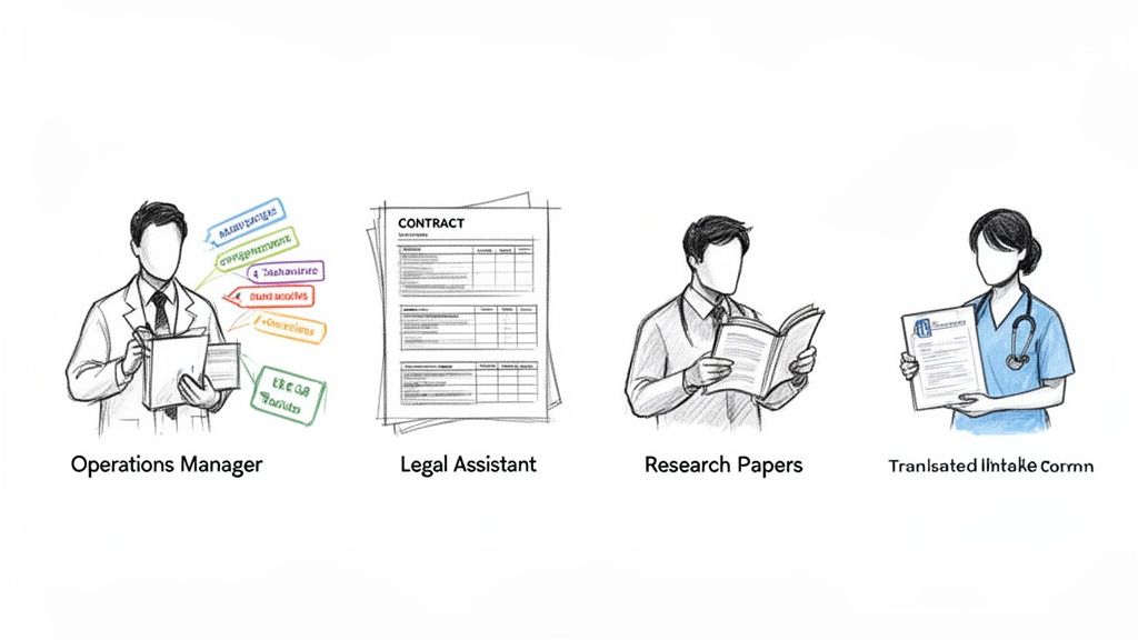 Four illustrations show professionals working with documents: an operations manager, legal assistant, research, and a translated medical form.