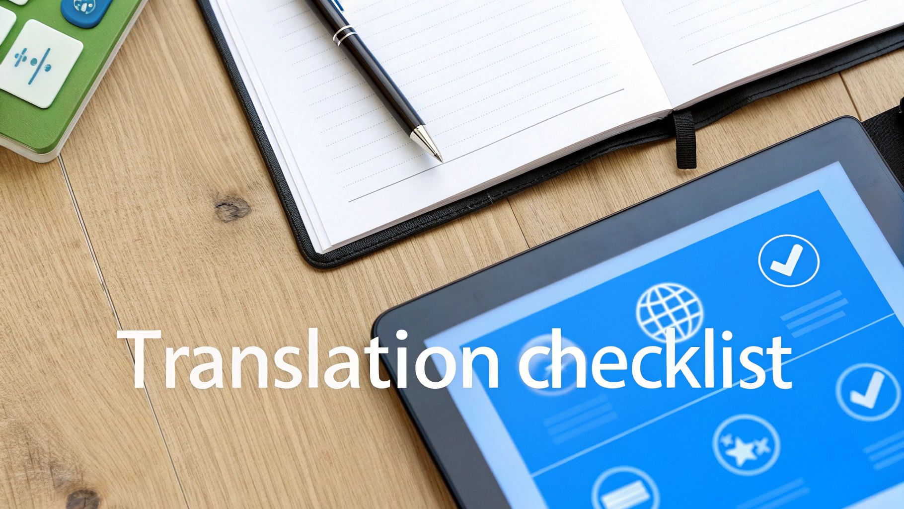 Uma mesa de madeira com uma calculadora, um caderno aberto, uma caneta e um tablet mostrando 'Checklist de tradução'.